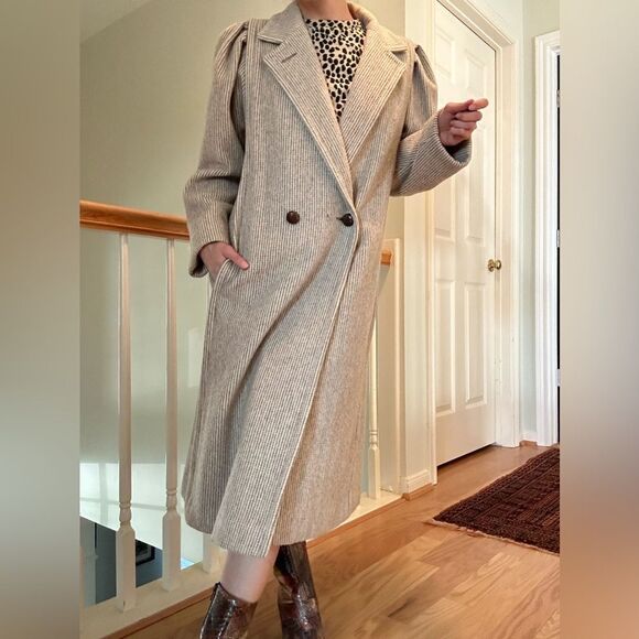 VINTAGE Jill Jr Pinstripe Wool Mid Length Coat OS Pleated Shoulders Neutral - Picture 6 of 16